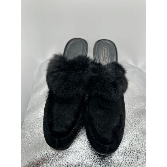 COACH Kaela Black Suede Rabbit Fur Slip On Clogs Mules With Wedge Heels - US 9 - Picture 3 of 11
